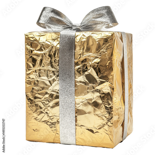 Isolated Gold Gift Box with Silver Bow