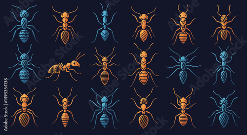 Collection of Stylized Ants in Blue and Orange Hues