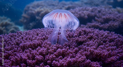 Fototapeta Naklejka Na Ścianę i Meble -  A jellyfish floating above a vibrant purple coral reef in a clear blue ocean water