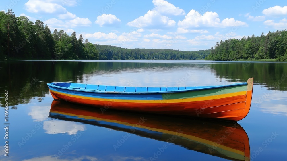 Colorful boat on a serene lake surface Colorful boat on a serene lake surface