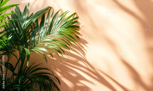 Tropical palm leaves casting beautiful shadows on a peach-colored wall, creating a summery and vibrant atmosphere