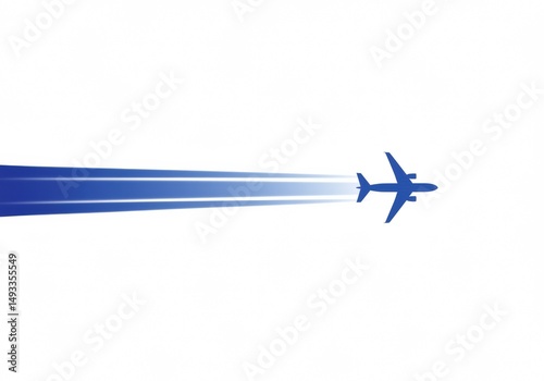 A blue airplane silhouette with a trail, symbolizing air travel and movement on white.