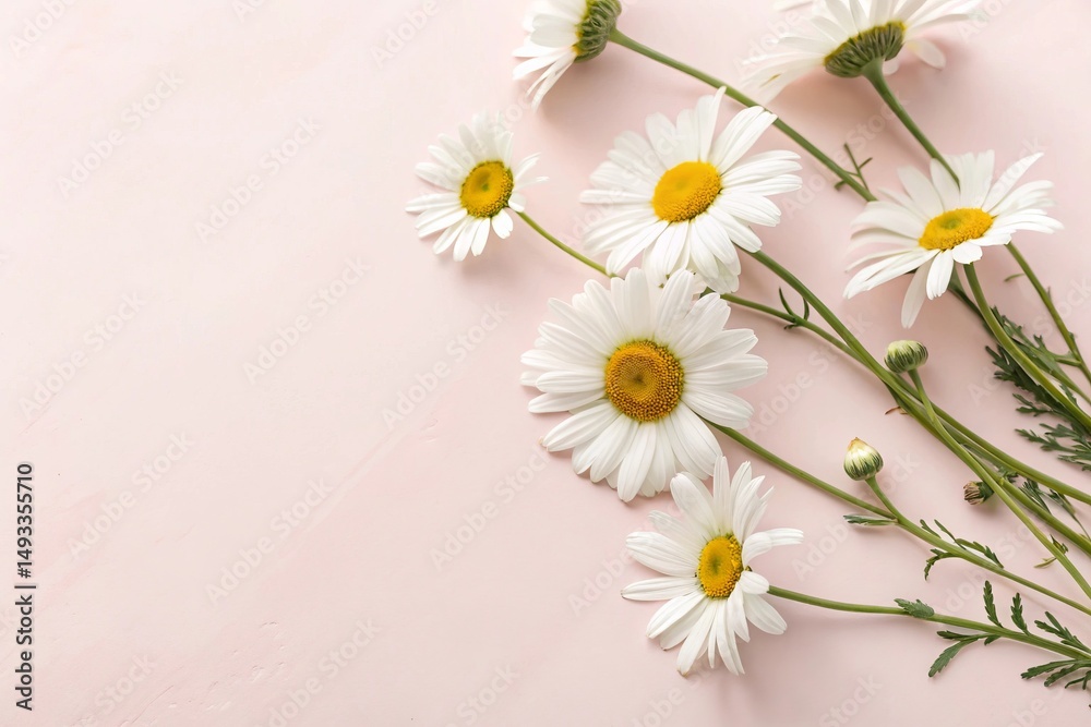 Fototapeta premium Minimal Flat Lay with White Chamomile Flowers on Light Pink Background