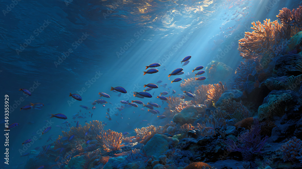 Fototapeta premium fish trailing sunlight in blue reef
