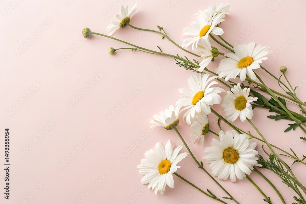 Obraz premium Minimal Flat Lay with White Chamomile Flowers on Light Pink Background
