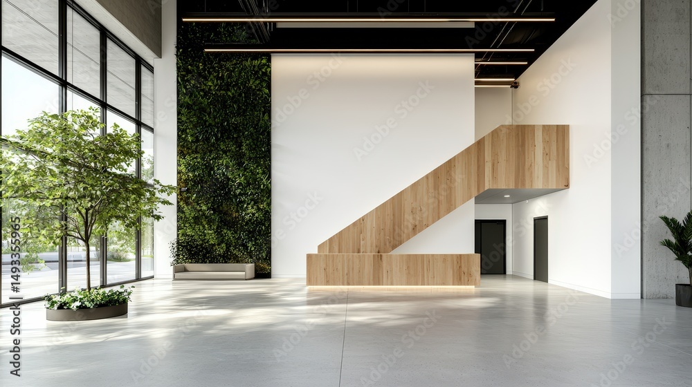 Obraz premium Modern Interior Design with Wood Elements and Greenery in Lobby