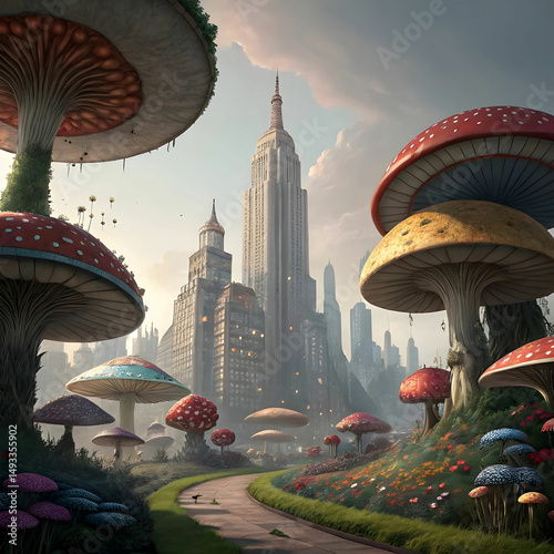 a big city of beautiful mushrooms