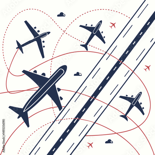 Airplanes flying over runways air travel transportation concept
