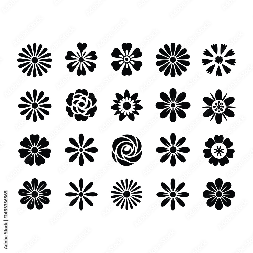Black Flower Silhouette Collection with Various Floral Shapes and Designs