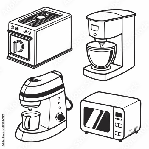 Kitchen appliances line art illustration set stovetop oven microwave coffee maker blender