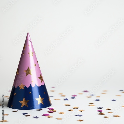 Colorful party hat in pink and blue with stars lying among scattered confetti on white background