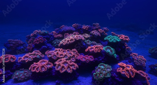 Fototapeta Naklejka Na Ścianę i Meble -  A vibrant coral reef ecosystem teeming with life under the deep blue sea water light