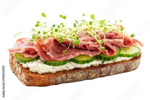Isolated Open Sandwich with Ham and Cucumber