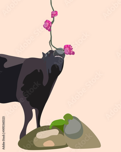 Cow eating sakura flowers. Vector stock illustration eps10. Adobe Illustrator Artwork