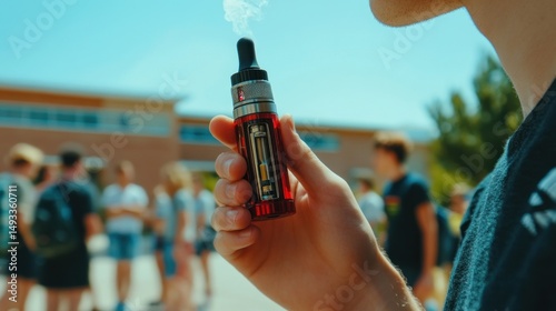 Teen hand holding vape device in schoolyard surrounded by teens, vape spreading addiction vibes, vape concerns rising over youth behavior,