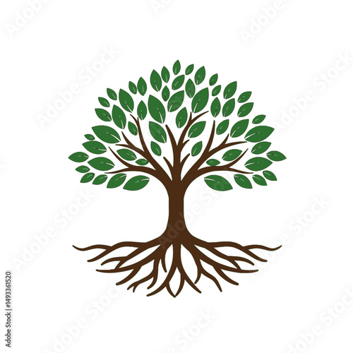 Tree with roots and leaves in hand-drawn flat style