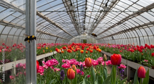 Bee Flying in Greenhouse with Tulip Flowers