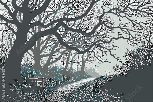  high contrast, moody, atmospheric, dark, gloomy, eerie, bare trees, twisted branches, winding trail, wooden bench, fallen leaves, monochrome, grayscale, dramatic lighting, cinematic, moody landscap