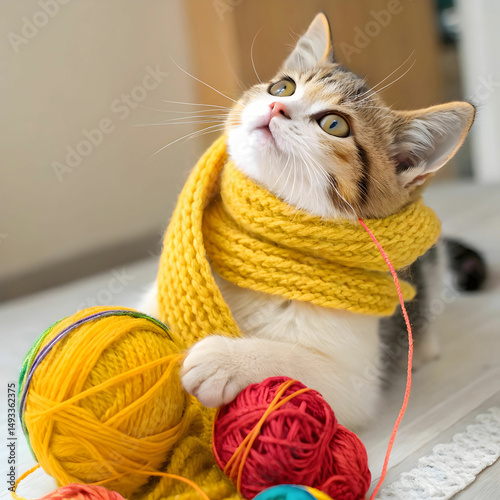 a cute cat wearing bright yellow scarf holding col