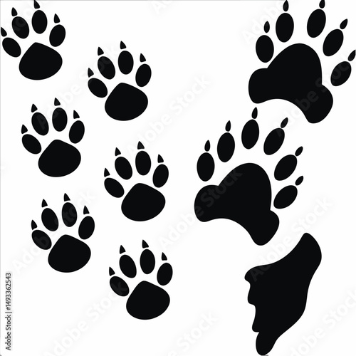 Animal paw print seamless vector pattern illustration features black silhouettes of dog, cat, and leopard footprints on a textured design