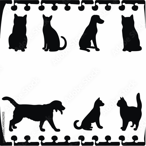 Black vector silhouettes illustrate a set of cats, a set of dogs, and a dog and cat collection