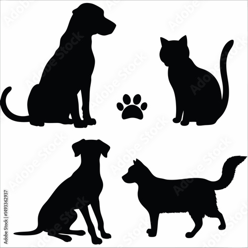 A black vector silhouette set features a dog, cat, horse, and pig, representing domestic and farm animals