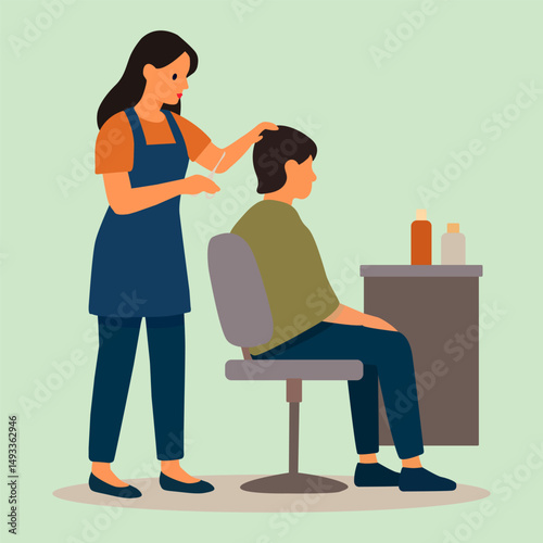 Woman hairdresser doing haircut to man in chair. Vector stock illustration eps10. Adobe Illustrator Artwork