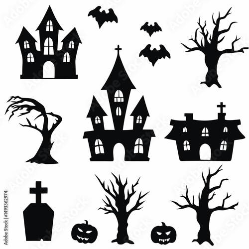 A spooky silhouette of a haunted house on a hill under the moonlit night sky, with bats flying during the Halloween holiday