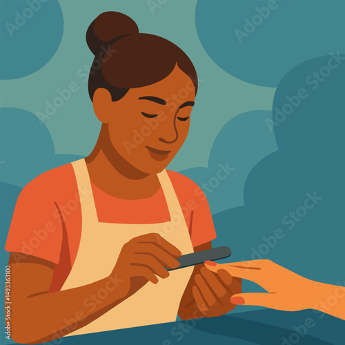 Dark-skinned manicurist working. Vector stock illustration eps10. Adobe Illustrator Artwork