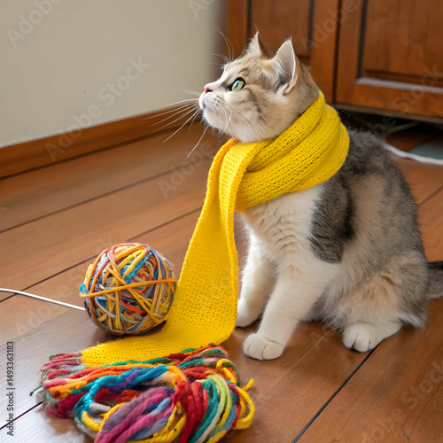 a cute cat wearing bright yellow scarf holding col