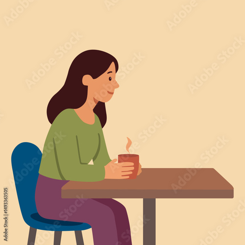 Girl with a cup of warm drink sits in a cafe. Vector stock illustration eps10. Adobe Illustrator Artwork