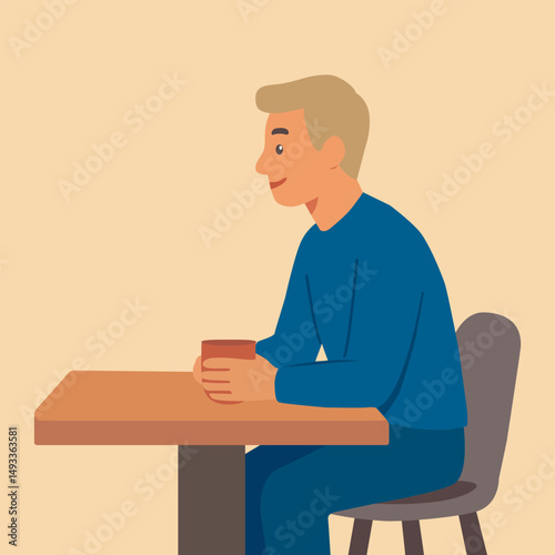 Man with a mug in his hands sits at the table. Vector stock illustration eps10. Adobe Illustrator Artwork