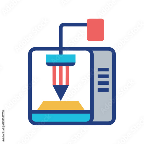 Colorful flat icon illustration of a modern 3d printing machine used in manufacturing