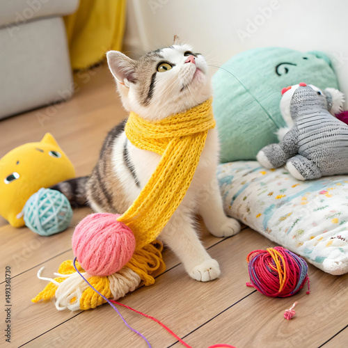a cute cat wearing bright yellow scarf holding col