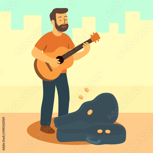Street musician plays guitar. Vector stock illustration eps10. Adobe Illustrator Artwork