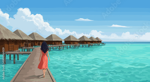 Woman walking on pier towards beach huts over turquoise water, for travel agencies, travel blogs, advertising banners 