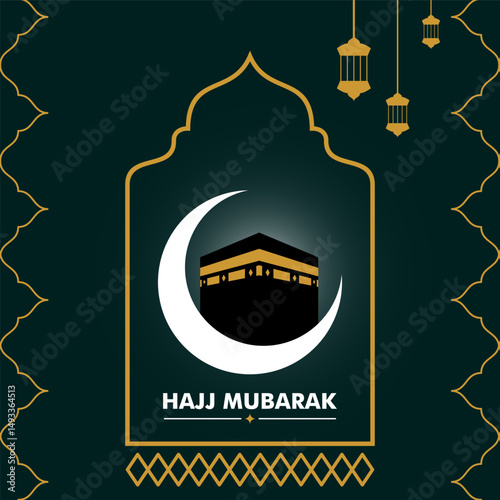 Hajj mubarak greeting on elegant dark green background, hajj mabroor greeting with kaaba and crescent moon and lanterns.