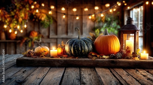 A cozy autumn scene with pumpkins, candles, and warm lighting, perfect for seasonal decoration.