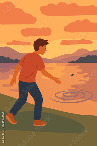 The guy throws a stone into the water. Vector stock illustration eps10. Adobe Illustrator Artwork