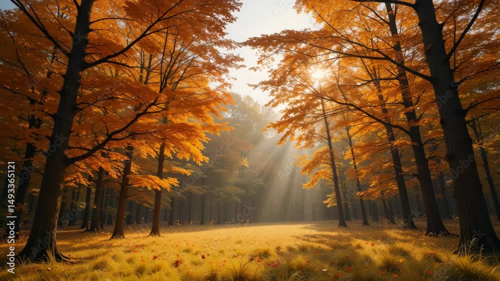 golden autumn forest glowing in soft morning sunlight with orange trees and peaceful path, a calm seasonal nature video for background, travel, or meditation use golden autumn forest glowing in soft morning sunlight with orange trees and peaceful path, a calm seasonal nature video for background, travel, or meditation use