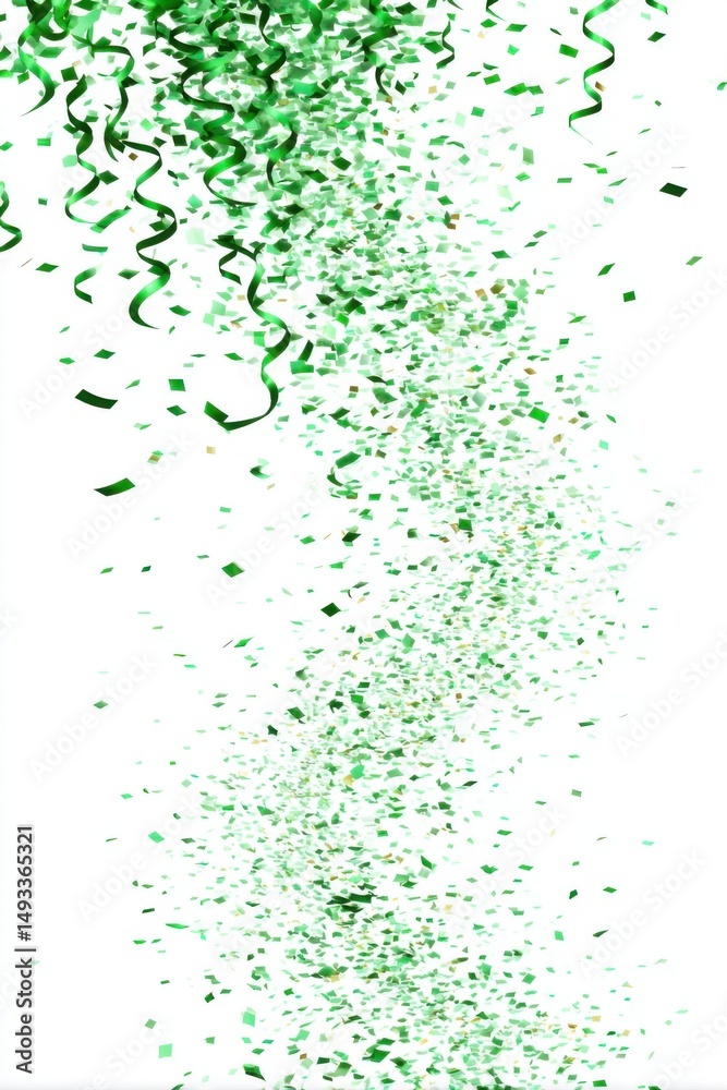 Fototapeta premium Festive Green Confetti and Streamers Falling Down on White Background Studio Shot Celebration Party