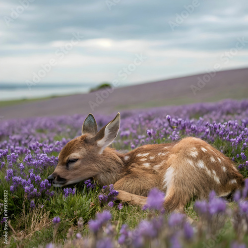 a fawn laying in purple flowers field