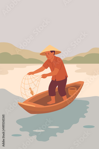 Vietnamese man catching fish with a net on a boat. Vector stock illustration eps10. Adobe Illustrator Artwork