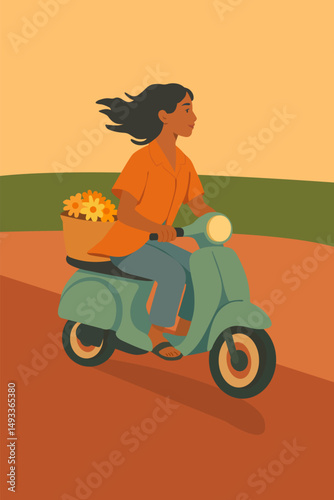 Girl riding a moped with a basket of flowers. Vector stock illustration eps10. Adobe Illustrator Artwork