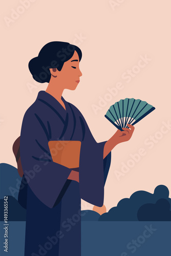 Japanese girl in national clothes with a fan in her hands. Vector stock illustration eps10. Adobe Illustrator Artwork