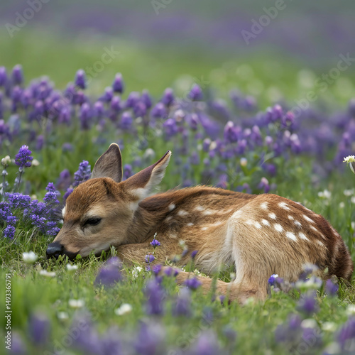 a fawn laying in purple flowers field