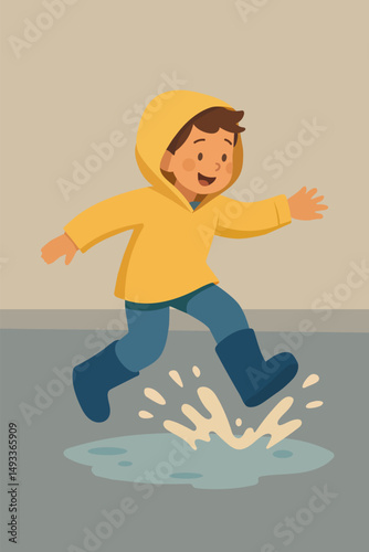 Cheerful boy jumping in puddles. Vector stock illustration eps10. Adobe Illustrator Artwork