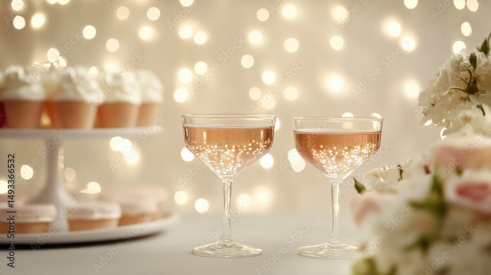 Obraz premium Celebration with rose champagne and cupcakes under twinkling fairy lights at a festive gathering