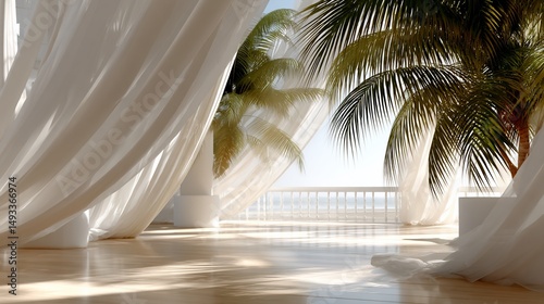 Sunlit patio with flowing white curtains, palm trees, and ocean view