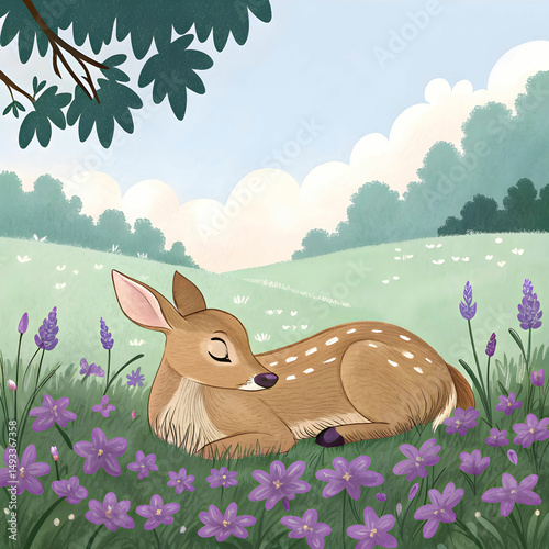 a fawn laying in purple flowers field